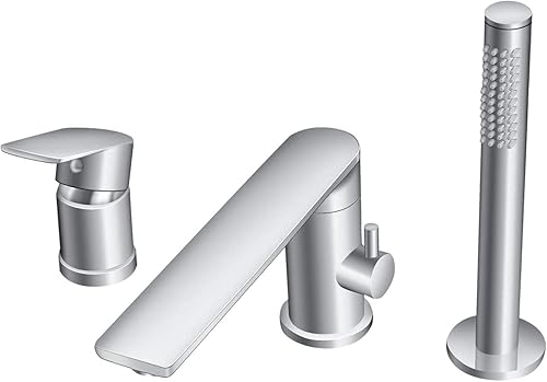 Miniatura 3 de Grifo de bañera de latón macizo con juego de ducha de mano (cromo, boquilla plana de 3 agujeros)