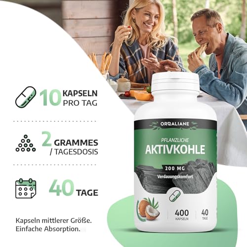 Aktive Kohle - Verdauungskomfort - Activated Carbon - 2000 MG/Tag - 400 Kapseln | Ohne Zusätze, Premium Naturprodukt