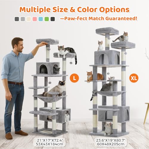 Image of PAWZ Road Large 72 Inch Cat Tree and Tower for Indoor Cats - With Sisal-Covered Scratching Posts, Padded Perches, Condos, and Basket - Gray