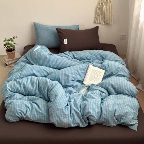 Image of Striped Duvet Cover Set Washed Cotton,Queen(90 inchx90 inch),Pinstripes Blue