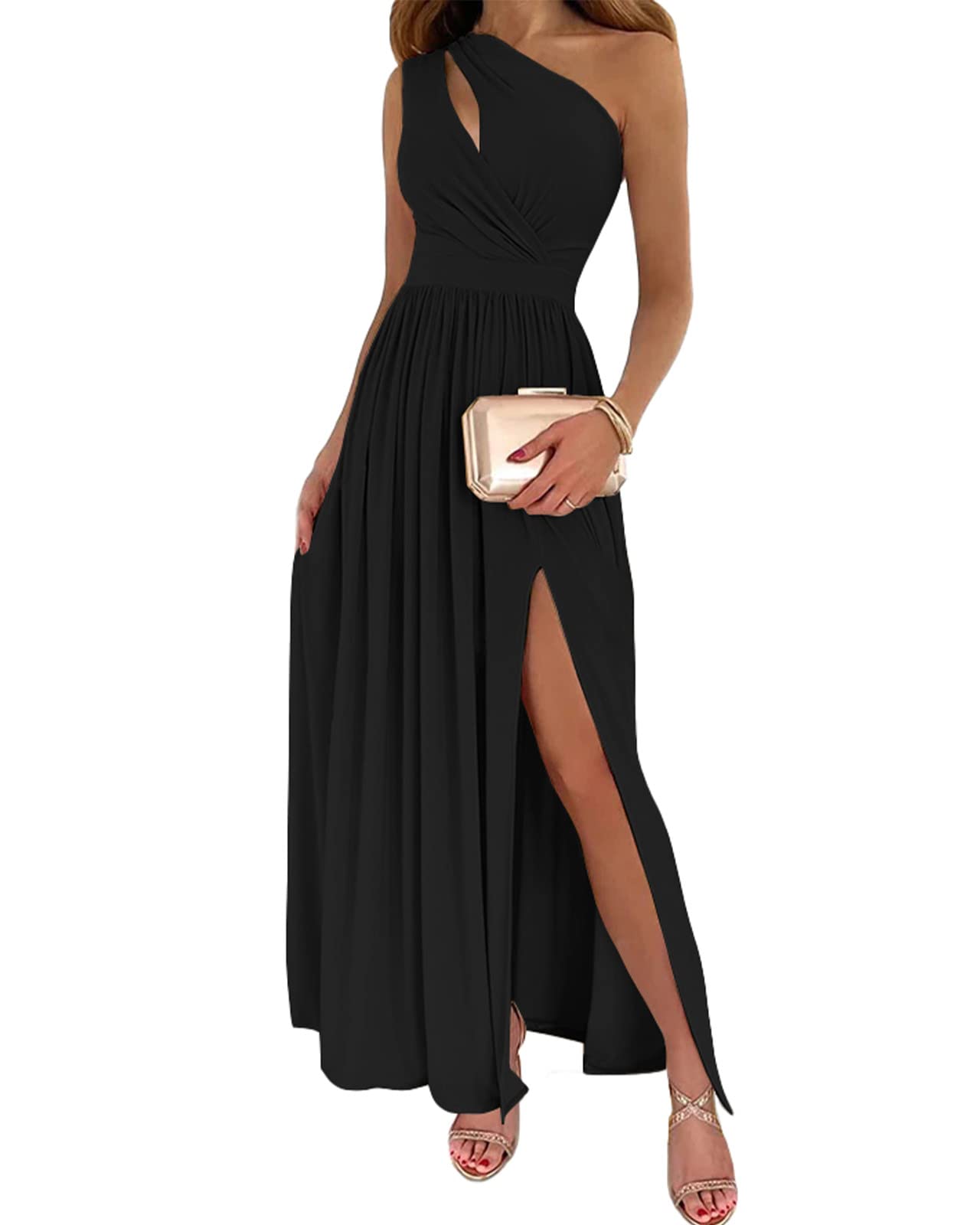 BTFBM Women's One Shoulder Cutout Sleeveless Maxi Dresses Side High Split Elegant Formal Prom Bodycon Party Cocktail Dress(Solid Black, Large)