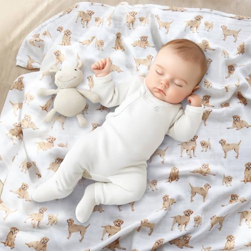 Image of LifeTree Baby Swaddle Blankets Dog Pattern, Muslin Blankets Boys Girls Swaddling Wrap Receiving Blanket for Newborn, 70% Viscose from Bamboo and 30% Cotton, Large 47 inch x 47 inch, Labrador