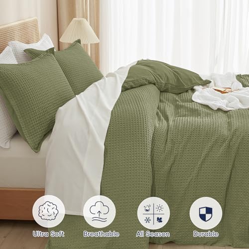 Image of PHF Waffle Weave Duvet Cover Set Queen Size, No Snagging Ultra Soft Luxury Textured Breathable Comforter Cover for All Season 3pcs, Durable Bedding Duvet Set with 2 Pillow Shams, 90 inchx90 inch, Olive Green