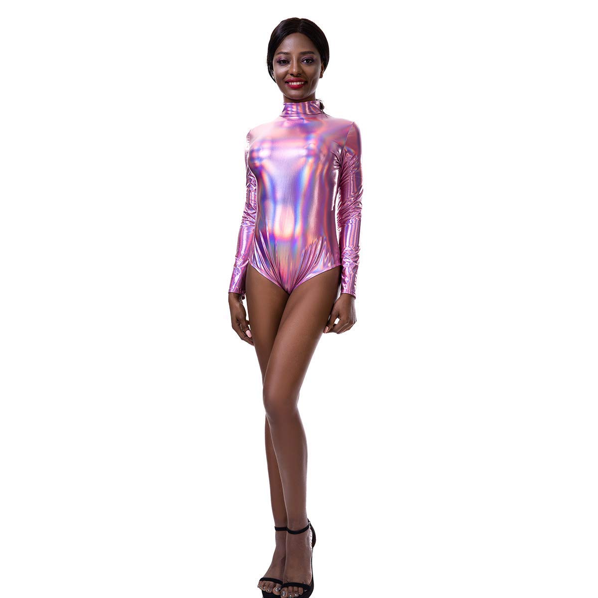 IMEKIS Body da donna a maniche lunghe Catsuit lucido metallizzato PVC ginnastica body balletto danza body tuta tuta in ecopelle pagliaccetto top laser discoteca danza party Clubwear, rosa, L