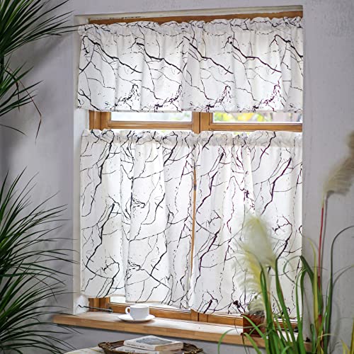 Sutavia Rod Pocket Window Treatment Kitchen Curtain Valance And Tiers Set 3 Pieces Semi-Sheer Art Marble Texture White Small Window Curtains Tiers And Valance For Dining Room Bedroom Bathroom #TOP1