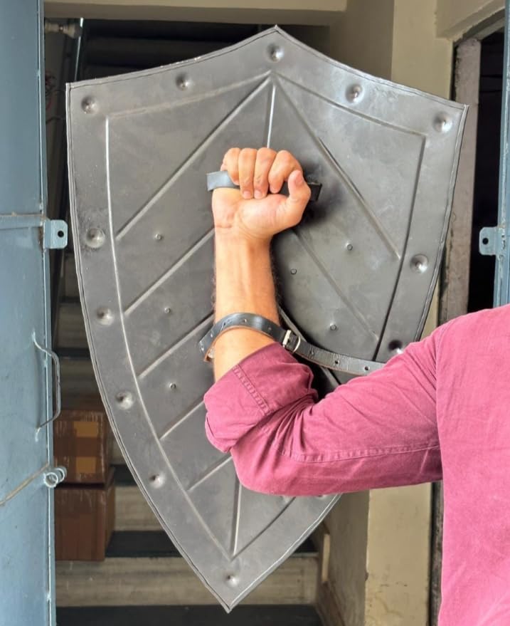 Image of Medieval Knight Shield Wall Art, Silver Metal, Chevron Pattern Design, Decorative Armor Replica
