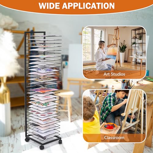 Image of GENMOUS Art Drying Rack, Metal Painting Drying Rack with 30 Removable Shelves, Art Storage Rack with Lockable Wheels for Art Studio Classroom School, 47.2 x 10.8 x 12 Inches