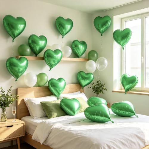 Image of 36 Pcs Green Heart Balloons,18 Inch Heart Foil Balloons Valentine Balloon for Wedding Engagement Party Valentine Day Decorations
