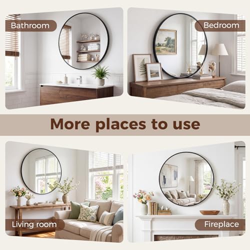 Image of NEWBULIG 24 Inch Round Wall Mirror, Bathroom Mirrors for Over Sink, Matte Metal Framed Circle Vanity Mirror, Wall Decor for Bedroom, Anti-Rust, Tempered Glass, Hanging or Leaning, Classic Black