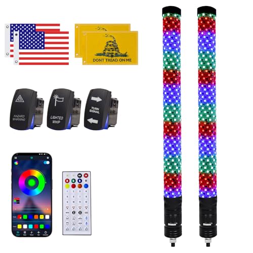 Image of ZIMABLUE 2PC 2FT Fat Whip Lights for Side by Side, App & Remote Control RGB Chasing Light Whip with 3 Switchs for ATV UTV Dune Buggy Truck,LED Whip Light Compatible with Polaris RZR Can-Am Maverick X3