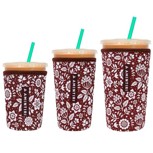 Image of 3 Pack Reusable Sleeve for Iced Coffee Cup, Coffee Neoprene Sleeve for Iced&Hot Drinks, Coffee Sleeve Compatible with Starbucks, Dunkin Coffee Cup. (Mocha Flower)