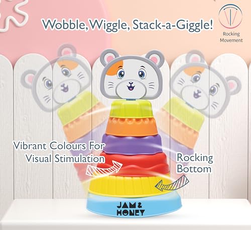 Image of Amazon Brand - Jam & Honey Stacking Toys Learning Toy for Kids Age 12+ Months | Sorting & Stacker Game for Kids | 6 Rings & 20 Shapes | Multicolour Toy | Shape Sorter with Stacking,26 Pcs