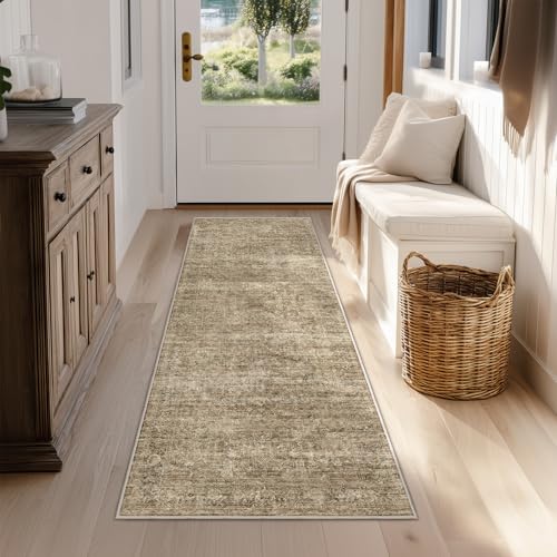 FMFUNCTEX 2x6 Hallway Runner Rug Washable Brown Neutral Vintage Distressed