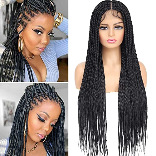 Eugenia Knotless Braided Wigs For Black Women 360 Full Lace Box Braid Wig With Baby Hair Synthetic Lace Front Wig Handmade Cornrow Wig Lightweight Heat Resistant Twist Braids Wigs 36 Inch 1B #TOP5