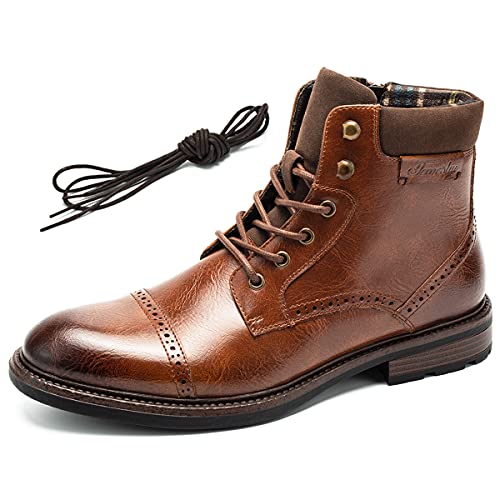 Temeshu Mens Casual Lace Up Motorcycle Boots Classic Combat Ankle Boots(with shoelaces) HH06 Brown 10.5