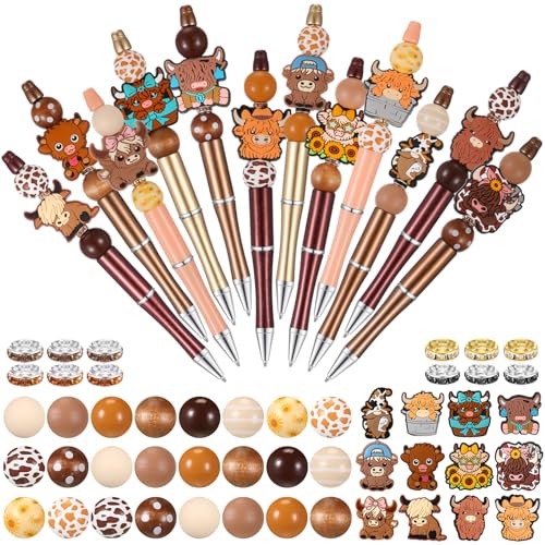 Geyee 12 Set Beadable Pens Assorted Bead Pens Wood Crystal Round Spacer Set Black Ink DIY Ballpoint for Women Men Gift Office Supplies(Multicolor,Cow)