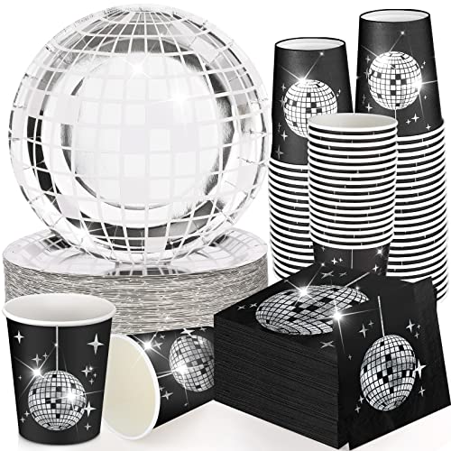 Gerrii 150 Pcs 70s Disco Party Supplies Silver Disco Ball Paper Dinner Plates, Black Paper Cups, Cocktail Napkins for Wedding Picnic Travel (Black and Silver)