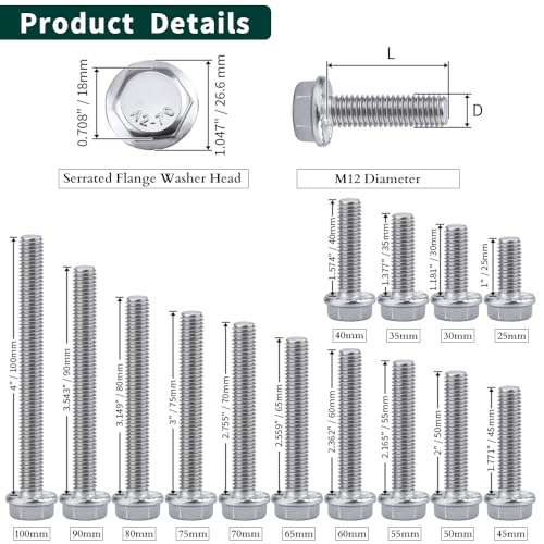 Image of M12-1.75 x 35mm Hex Flange Bolt (1.38 inch Thread Length), DIN6921, Serrated Locking Flange, 304 Stainless Steel, UNC Full Thread, 6-Pack