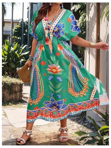 Image of Floerns Women's Plus Size Tribal Print Dolman Sleeve Slit Summer Maxi A Line Dress