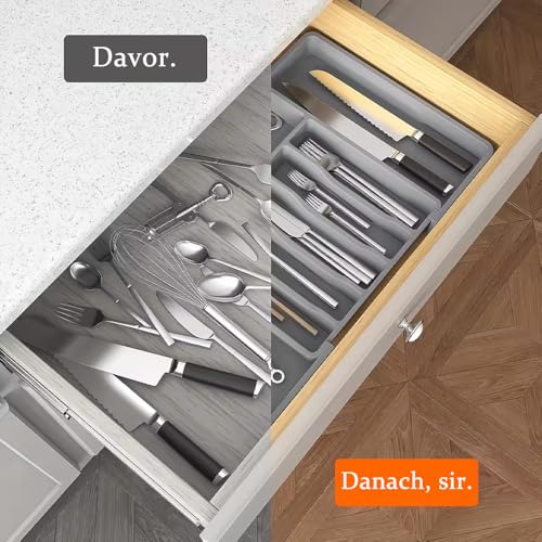 Wnddle Cutlery Tray for Drawer, Cutlery Rack, Extendable Utensil Tray for Drawer, Compact Plastic Cutlery Storage for Kitchen, Cutlery and Spoons (Grey) - Image 4