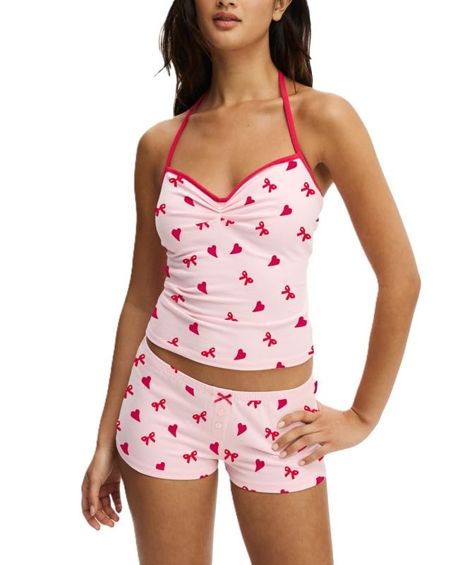 Image of Womens Y2K Cute Print Cami Pajama Sets Lace Trim V Neck Tank Top Shorts Set Bow Heart Print 2 Piece Sleepwear