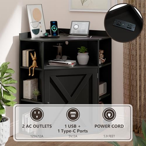Image of Halitaa Corner Storage Cabinet, Farmhouse Corner Bookshelf with Storage 6-Cubby Wooden Cabinet with USB Ports and Outlets Industrial Organizer for Small Space, Study, Playroom, Living Room, Black