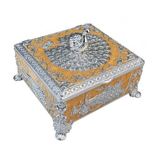 Image of Diviniti Silver Plated Peacock Decorative Box with Premium Gift Box | Luxury Multipurpose Storage Box for Home Decor, Sweets & Corporate Gifting (Gold /Orange)