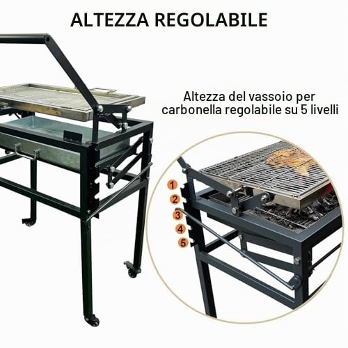 Barbecue portatile con funzione di rotazione a 360°, ruote per una facile mobilità, griglia in acciaio inox e vassoio regolabile, ideale per campeggio, picnic e riunioni all'aperto