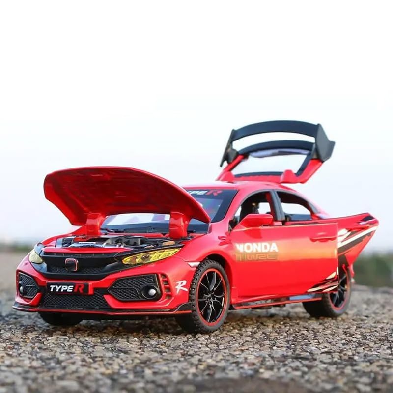 Image of PINQUE Kids New Car 1:32 Civic Type R Diecast Alloy Metal Pull Back Car with Openable Doors Music Sound and Light Vehicle Toy Car for Boys (Red)