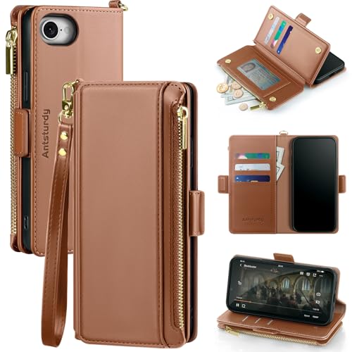 Antsturdy Compatible with 4.7inch iPhone 6/6S/7/8/SE 2020/SE 2022 Wallet Case,RFID Blocking PU Leather Phone Case Women Men Kickstand Flip Cover Wrist Strap Zipper Credit Card Holder Slots,Light Brown