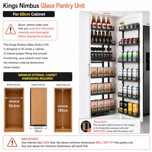 Image of KINGS Nimbus Glass Kitchen Pantry Unit for 600mm (60cm) Width Cabinet | 12 Basket Modular Kitchen Storage with 6 Layer Design | 60 kg Load Capacity, Strong Glass, Adjustable Basket Heights - Dark Grey