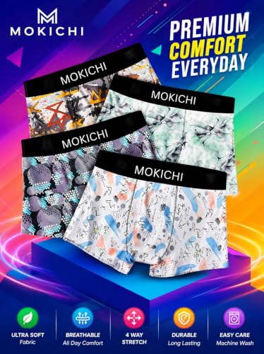 Image of Men's Printed Trunks | Boxer Brief Underwear with Broad Elastic Waistband and Contoured Pouch | Multicolour, Pack of 4