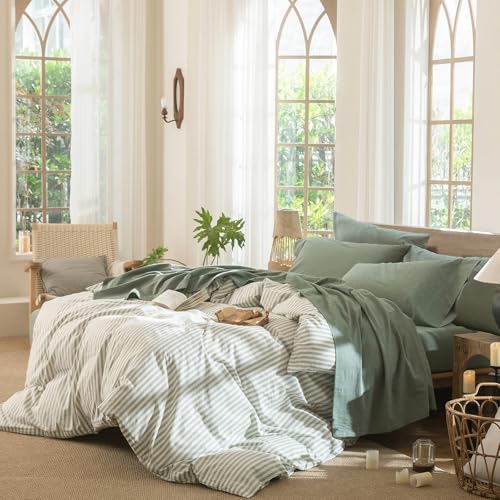 Image of MooMee Sheet Set 100% Washed Cotton Linen-Like Extra Deep Pocket King | Relaxed Linen-like Texture. Soft, Breathable & Lightweight Comfort. 15-19 inch Extra Deep Pocket with All-around Elastic