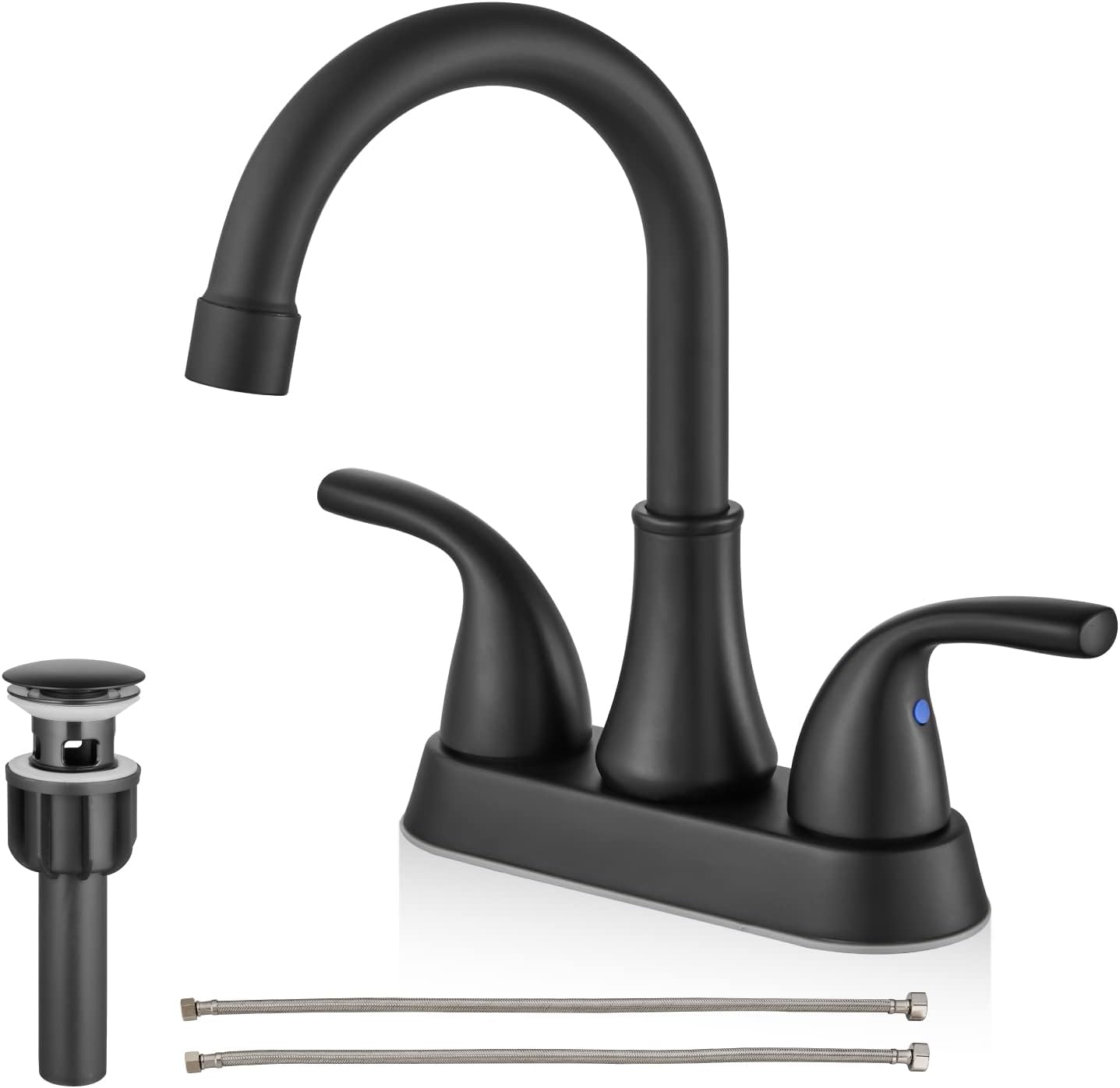 Cinwiny Matte Black Centerset 4 Inch Bathroom Sink Faucet 2 Handle Vanity Faucet Swivel Spout Deck Mounted Mixer Tap with Pop up Drain Water Supply Hoses