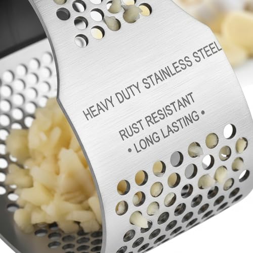 Image of Garlic Press & Ginger Crusher Combo, Stainless Steel Garlic Mincer & Ginger Masher, Heavy Duty Manual Squeezer, No Peeling Required, Easy Press Kitchen Tool - (Garlic Curved + Silver)