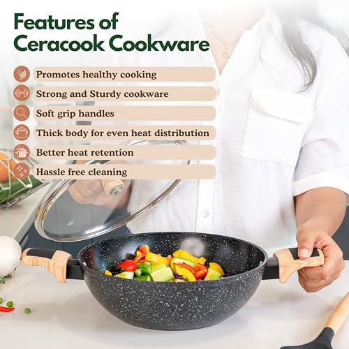 Image of Kreme Ceracook Ceramic Coated Granite Kadai 3.2L /26cm with Glass Lid, Deep Frying Kadhai, ISI Certified, Forged Aluminium, Gas & Induction Use, Non Toxic PFAS & PTFE Free, 1 Yr Warranty, Black