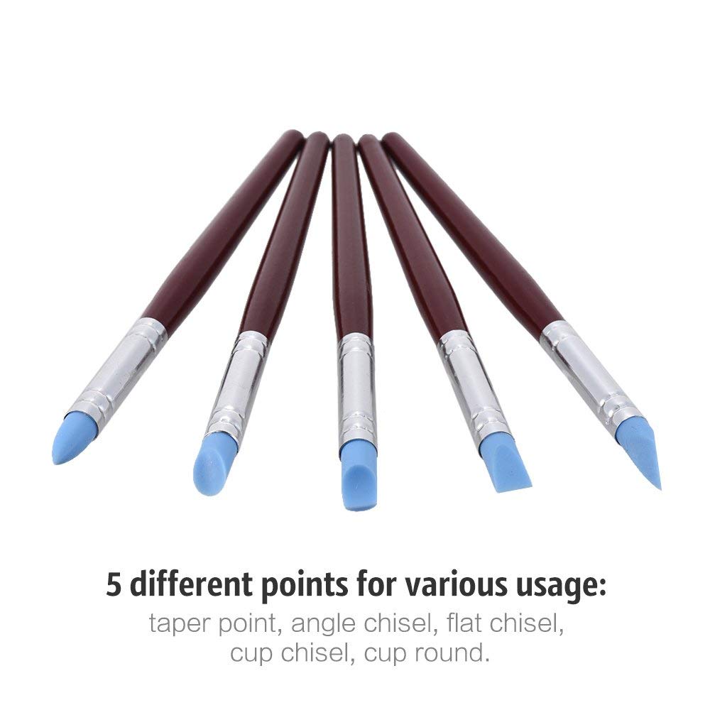 worison Rubber Tip Paint Brushes for Sculpture, Pottery, Color Shaping, Blending, Drawing, Modeling And Remove Fingerprints (Set of 5, Brown), Rubber Bristle 3