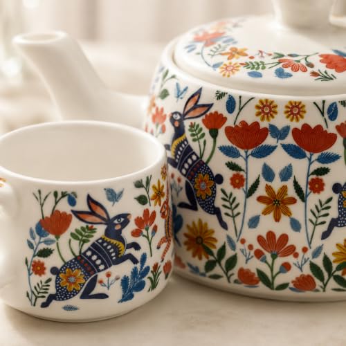 Image of The Earth Store Premium Handcrafted Bunny Floret Ceramic Tea Set with Kettle Microwave and Dishwasher Safe 6 Tea Cups & 1 Kettle | Tea Pot Set | Morning Set