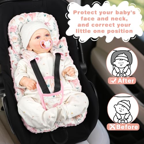Image of 3-in-1 Infant Car Seat Insert, Soft Head and Body Support,Ultra & Strap Covers Set, Reversible Newborn Car Seat Cushion Pad for Baby Boy & Girl fits Stroller, Swing, Bouncer (Pink Bow)