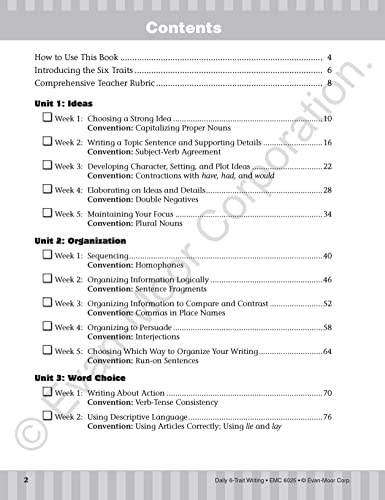 Evan-Moor Daily 6-Trait Writing, Grade 5 Homeschool and Classroom Resource Workbook, Reproducible Worksheets, Teaching Edition, Lesson Plans, Ideas, Organization, Word Choice, Sentence Fluency, Voice - Image 2