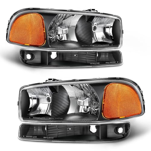 Image of 00-06 GMC Yukon Black Housing Headlights Assembly fit 1999-2006 GMC Sierra 1500 /2500 /3500 Headlamp Amber with Reflector Replacement Driver & Passenger(Bulb not included)