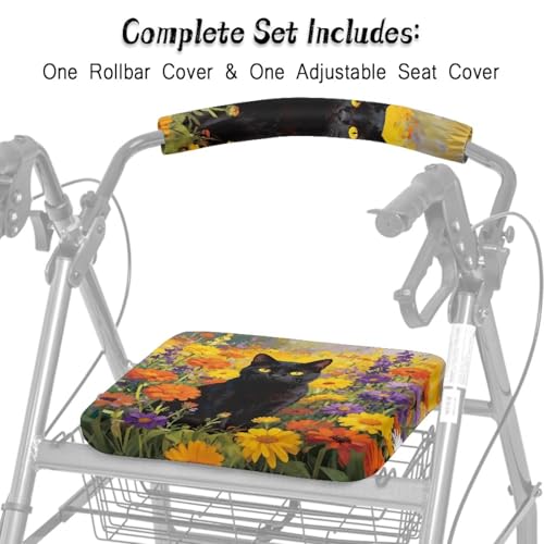 Image of Universal Rollator Walker Seat and Backrest Covers for Ladies Flower Black Cat Rollator Accessories Cute Walkers for Seniors with Seat Covers