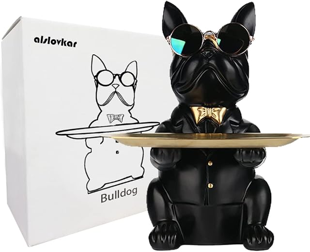 alslovkar Resin Bulldog Desk Storage Statue Animal Sculpture Table Decoration Multifunction Office Home Decor Coin Piggy Bank Storage Tray (Black)