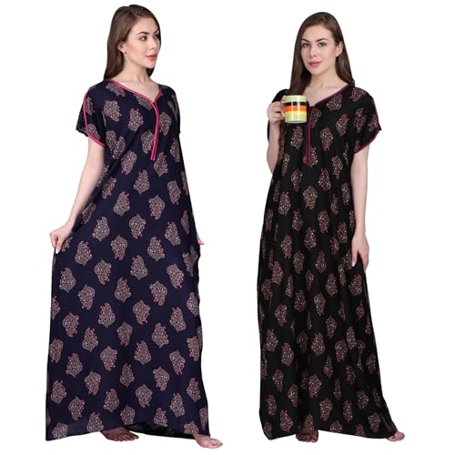 Image of Women's Alpine Botanical Leaves Print Maxi Nightgown with Pocket