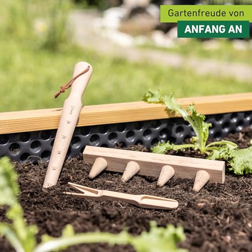 Windhager Anzuchtswerkzeug Set 3-teilig, Pflanzset für Blumenzwiebel, Samenpflanzset, Pflanzwerkzeug für Gartenbeete und Hochbeete, inklusive Pflanzholz, Pikierleiste und Pikiergabel, Buchenholz