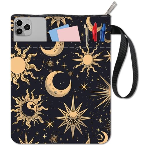 CRASPIRE Sun Moon Star Book Covers Black Book Protector Book Sleeve for Paperbacks Washable Fabric Cloth Book Cover with Zipper and Extra Sleeve Pocket for Book Lovers Classmate Gifts
