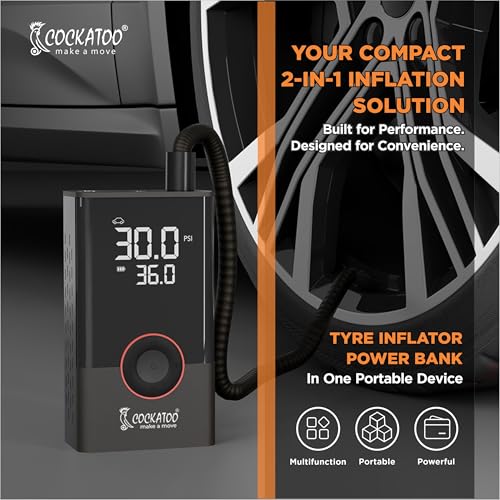 Image of Cockatoo ATJ-005 Tyre inflator Portable Air Compressor Pump with LED Display, 80W Power, 2x2000mAh Battery, Fast Inflation, Tire Pressure Monitoring, Lighting, SOS, and USB Charging
