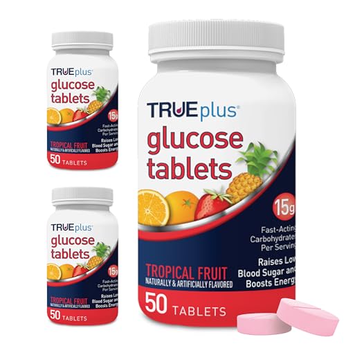 TRUEplus Glucose Tablets Chewable Tropical Fruit Flavor 15g Fast-Acting Carbohydrates Fat Free Gluten Free Boost Energy 50 Count 3 Bottles