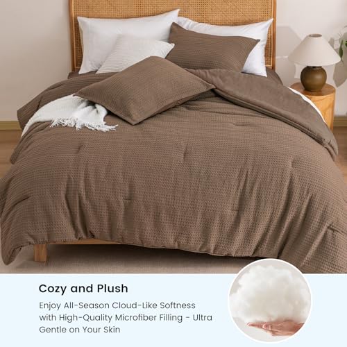 Image of PHF Soft Waffle Comforter Set Twin Size- Comfy Breathable Waffle Weave Comforter with 1 Pillow Shams, 2 Pieces Less Snagging Lightweight Textured Bedding Set for All Season, Cocoa Brown