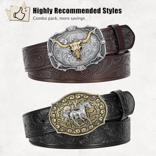 SANSTHS Western Belts for Men Women 2 Pack, Cowgirl Cowboy Belt Leather Straps with Buckle Set for Jeans, Black Brown 1.5"2